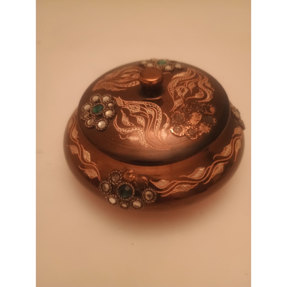 Vint. Copper Tone Lidded Metal Trinket Box/Bowl With Etching & Gems Some Missing
